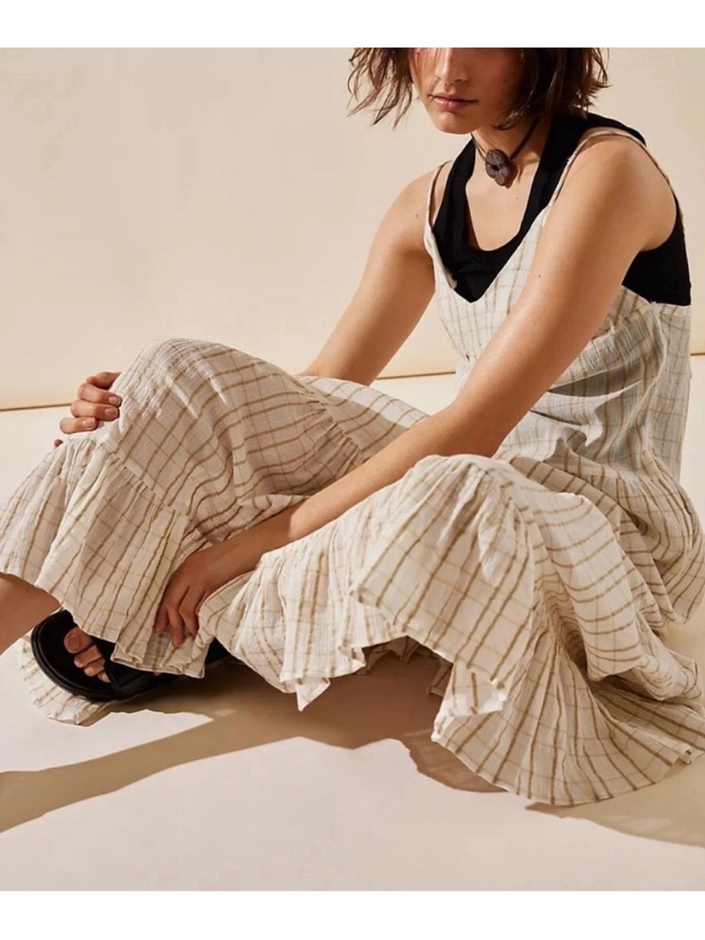 Free People Marigold Maxi Dress, Sz M, NWOT, Cream/Brown plaid - Picture 5 of 9